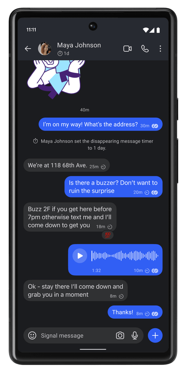 Signal Android 版聊天界面示例，图片来自 Signal 官网